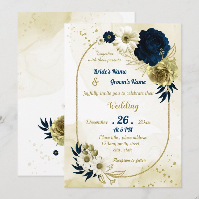 Navy blue ivory gold floral geometric wedding invitation (Front/Back)