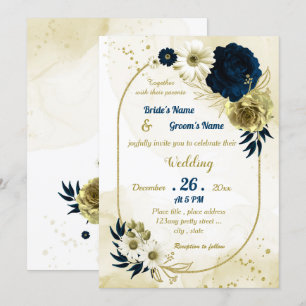 Navy blue ivory gold floral geometric wedding invitation