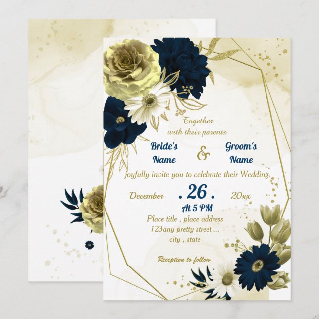 Navy blue ivory gold floral geometric wedding invitation (Front/Back)