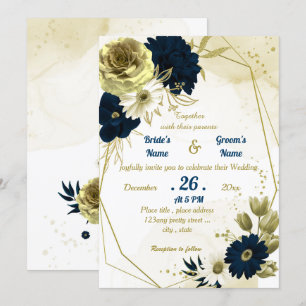 Navy blue ivory gold floral geometric wedding invitation