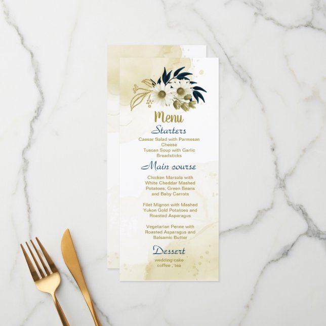 Navy blue ivory gold floral wedding menu (Front/Back In Situ)