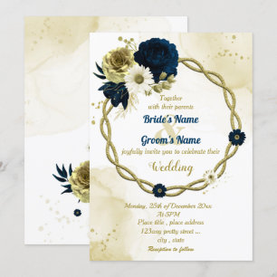 Navy blue ivory gold floral wreath wedding invitation
