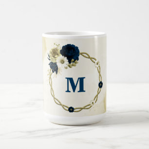 navy blue ivory gold flowers monogram coffee mug