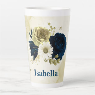 navy blue ivory gold flowers monogram latte mug