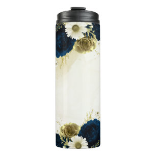 navy blue ivory gold flowers thermal tumbler