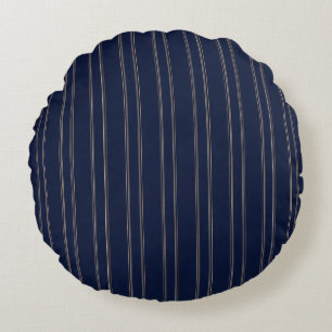 Navy Blue Ivory Gold Pinstripes Round Cushion