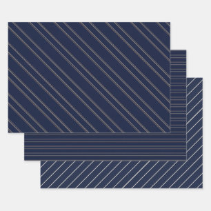 Navy Blue Ivory Gold Pinstripes Wrapping Paper Sheet
