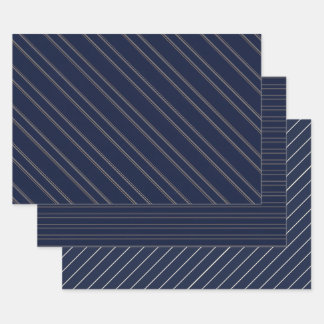 Navy Blue Ivory Gold Pinstripes Wrapping Paper Sheet