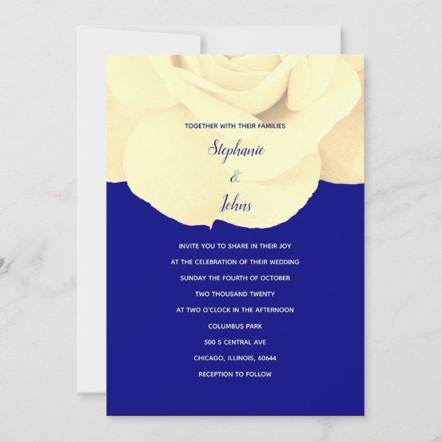 Navy Blue Ivory Rose Floral Spring Summer Wedding Invitation (Front)