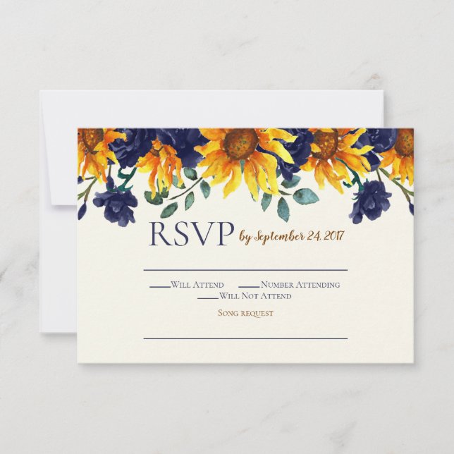 Navy Blue Ivory Rustic Country Sunflower RSVP Invitation (Front)