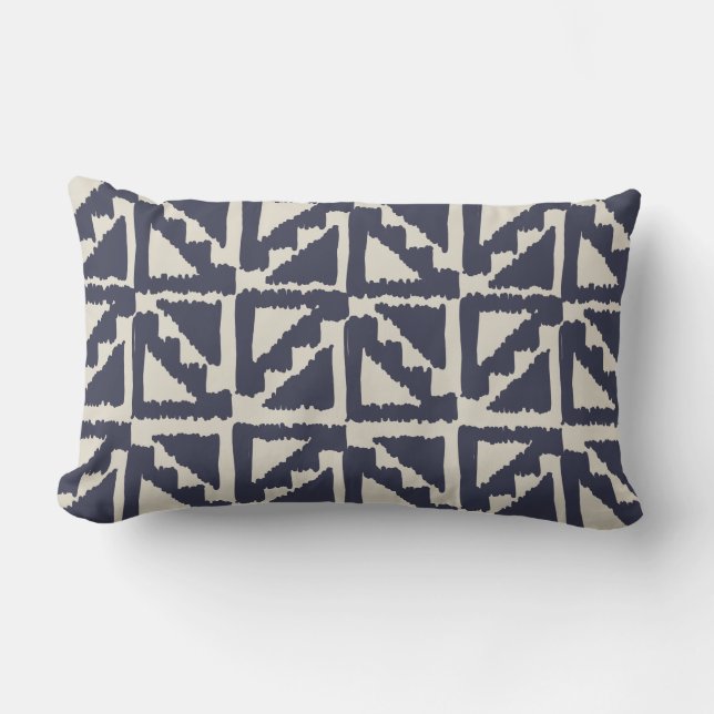 Navy Blue Ivory Tribal Print Ikat Triangle Pattern Lumbar Cushion (Front)