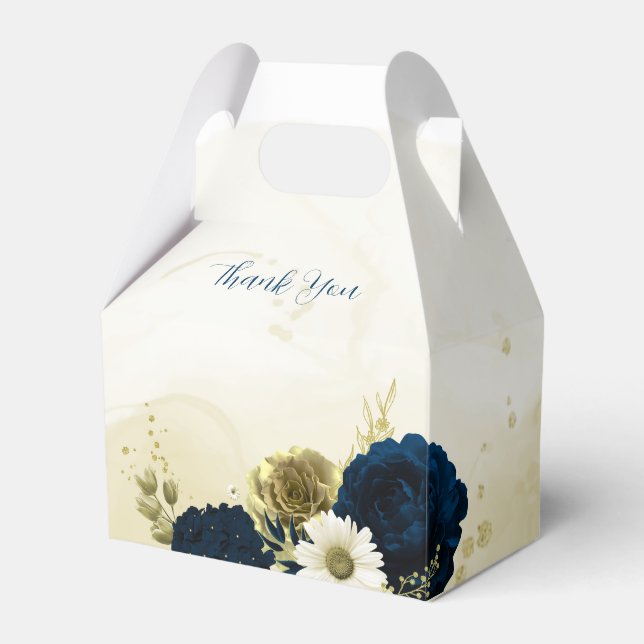 navy blue ivory white and gold flowers wedding favour box (Front Side)