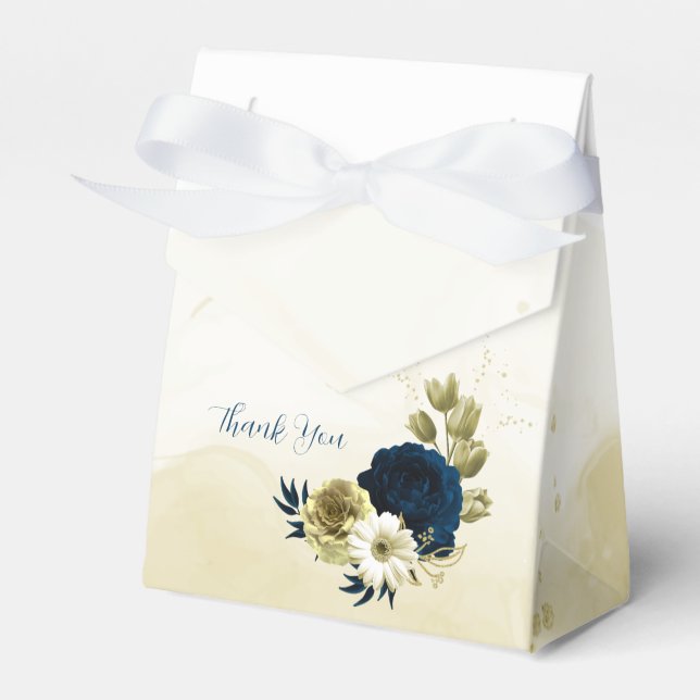 navy blue ivory white and gold flowers wedding favour box (Front Side)