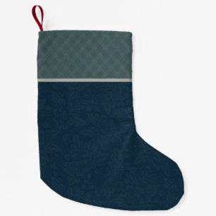 Navy Blue Jacquard Floral Teal Plaid Small Christmas Stocking