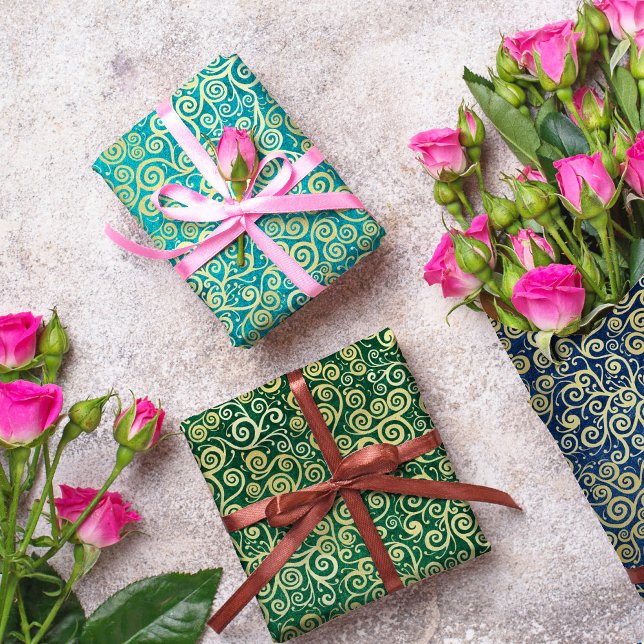 Navy Blue Jade Green Teal Gold Swirls Pattern Boho Wrapping Paper Sheet (Creator Uploaded)
