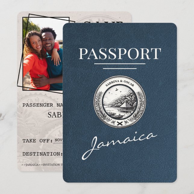 Navy Blue Jamaica Passport Save The Date (Front/Back)