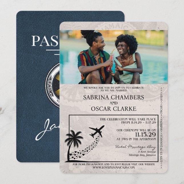 Navy Blue Jamaica Passport Wedding Invitation (Front/Back)
