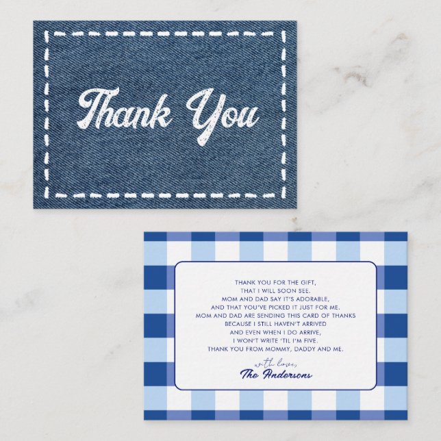 Navy Blue Jean Baby Boy Baby Shower Thank You Card (Front/Back)