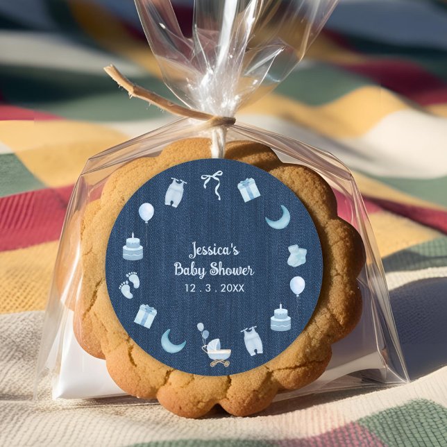 Navy Blue Jean Baby Denim Baby Shower Thank You Classic Round Sticker (Creator Uploaded)