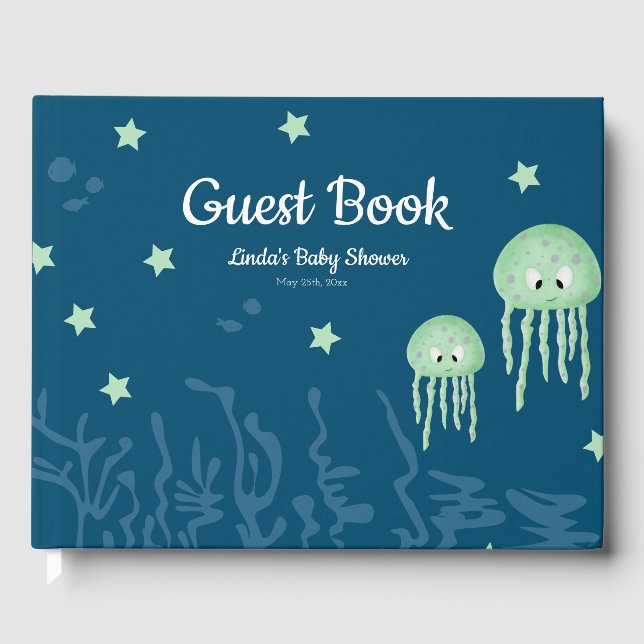 Navy Blue Jellyfish Gender Neutral Baby Shower Guest Book (Front)