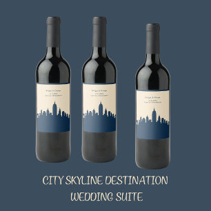 navy blue Jet Set city Skyline Destination Wedding Wine Label