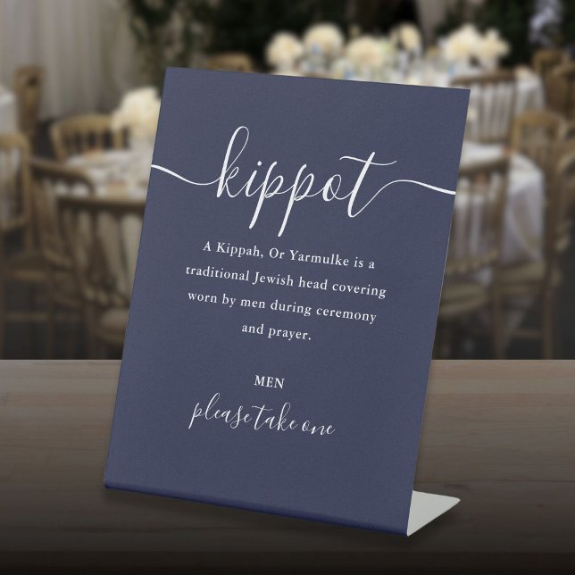 Navy Blue Jewish Wedding Kippot Script Yarmulke Pedestal Sign (Navy Blue Jewish Wedding Kippot Script Yarmulke Pedestal Sign)