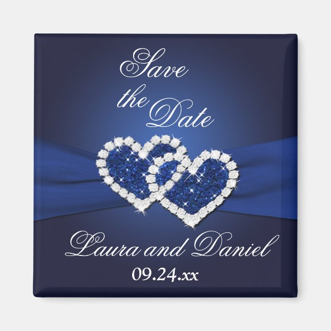 Navy Blue Joined Hearts Save the Date Magnet (Front)