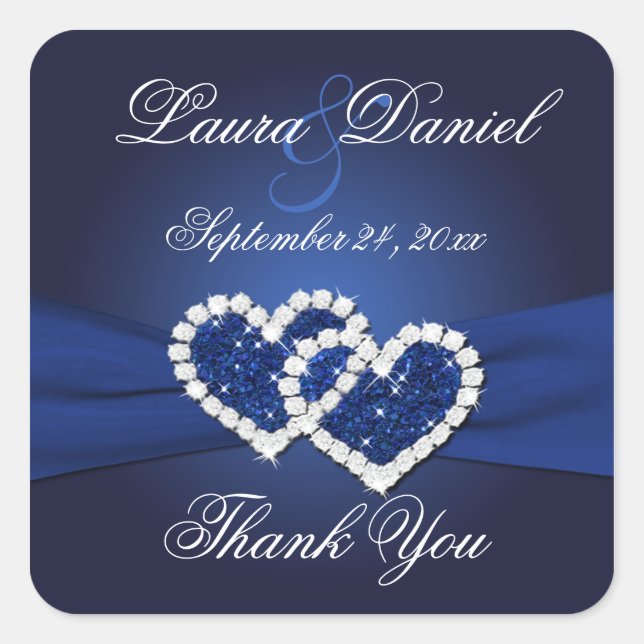Navy Blue Joined Hearts Wedding Favour Sticker (Front)