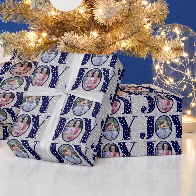 Navy blue JOY and snowflakes two photo Christmas Wrapping Paper (Holidays)