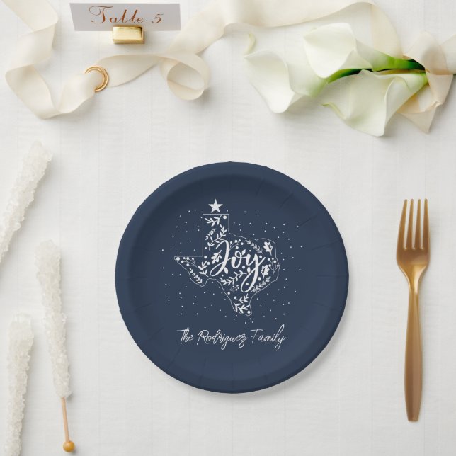 Navy Blue Joy Holiday Leaves Texas Shape Paper Plate (Wedding)