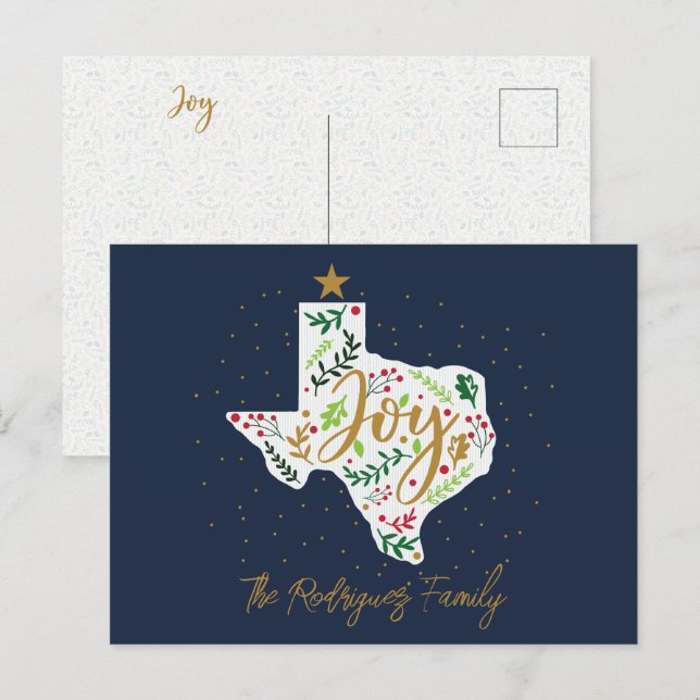 Navy Blue Joy Holiday Leaves Texas Shape Postcard (Front/Back)