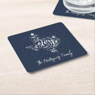 Navy Blue Joy Holiday Leaves Texas Shape Square Paper Coaster