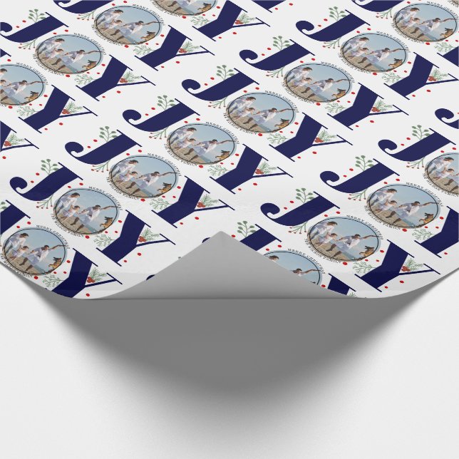 Navy blue JOY Merry Christmas holiday photo Wrapping Paper (Corner)