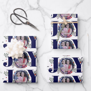 Navy blue Joy with berries Christmas holiday photo Wrapping Paper Sheet