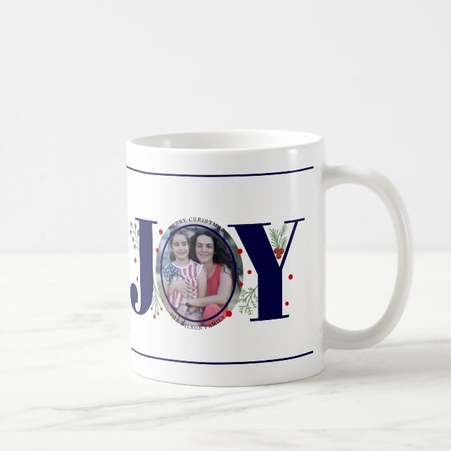 Navy blue Joy with berries Christmas photo Coffee Mug (Right)