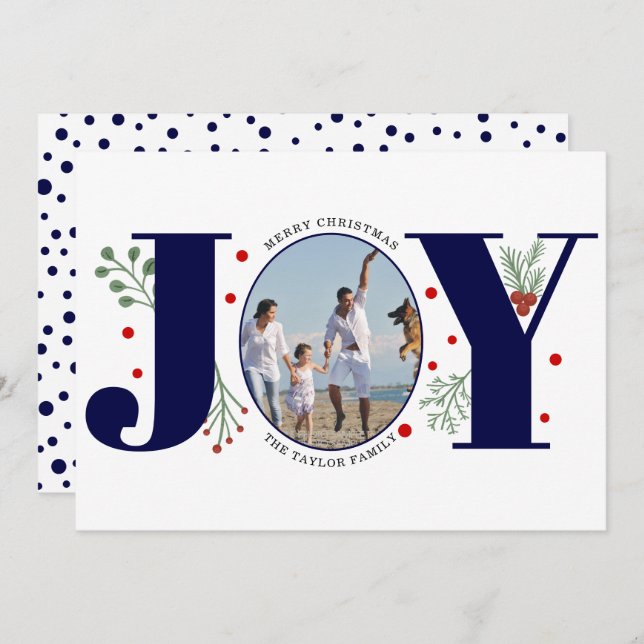 Navy blue Joy with berries Christmas photo Holiday Card (Front/Back)