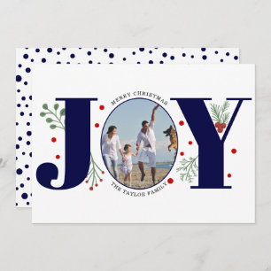 Navy blue Joy with berries Christmas photo Holiday Card