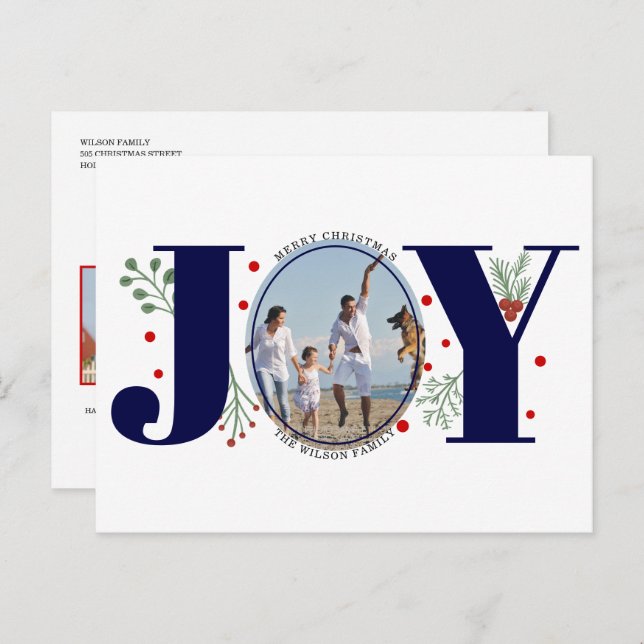 Navy blue Joy with berries Christmas photo Holiday Postcard (Front/Back)