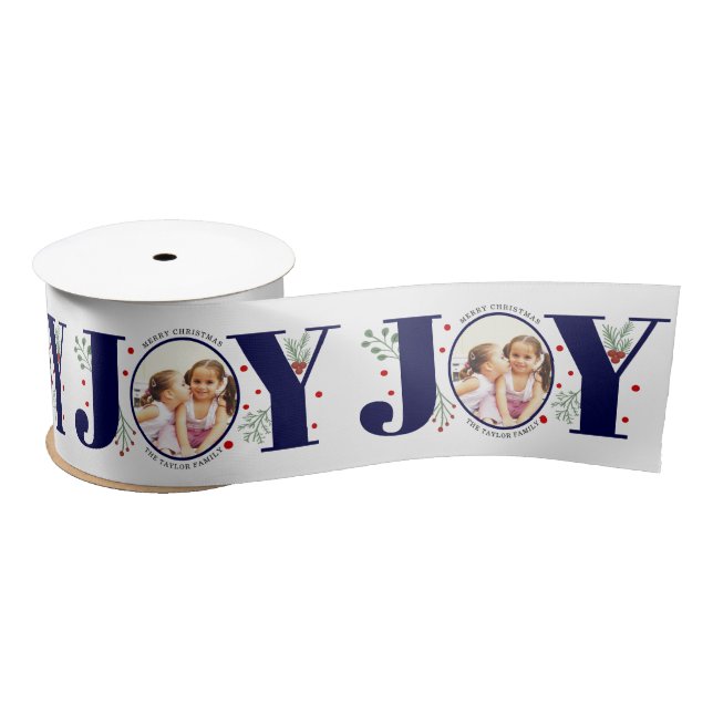 Navy blue Joy with berries Christmas photo Satin Ribbon (Spool)