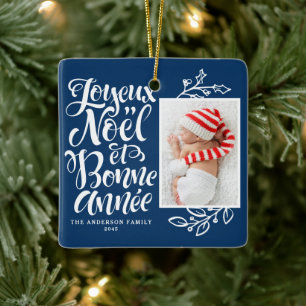 Navy Blue Joyeux Noël and Bonne Année Photo Ceramic Ornament