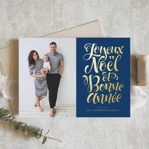 Navy Blue Joyeux Noël et Bonne Année Script Photo Foil Holiday Card