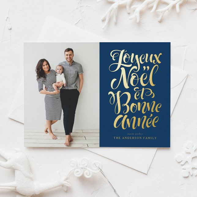 Navy Blue Joyeux Noël et Bonne Année Script Photo Foil Holiday Postcard (Creator Uploaded)