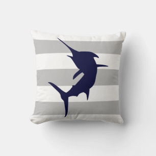 Navy Blue Jumping Marlin On Grey And White Stripes Cushion
