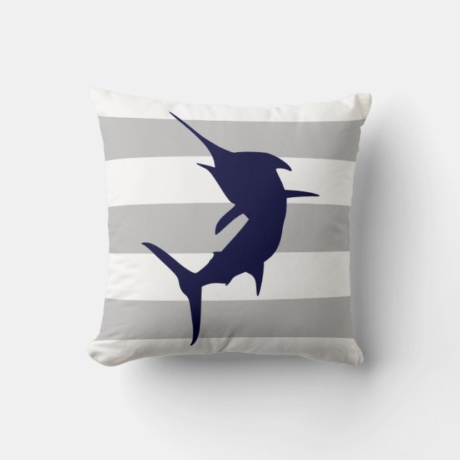 Navy Blue Jumping Marlin On Grey And White Stripes Cushion (Front)