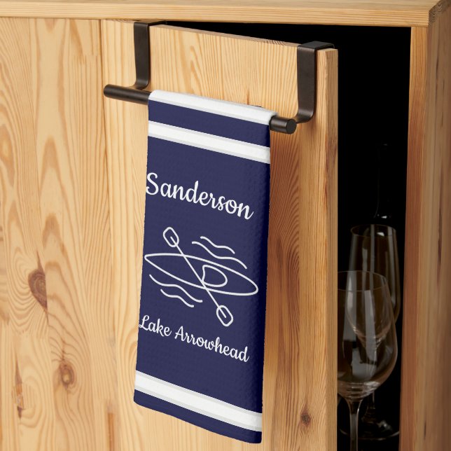 Navy Blue Kayak Monogram Name Lake house Kitchen T Tea Towel (Thirds Fold)