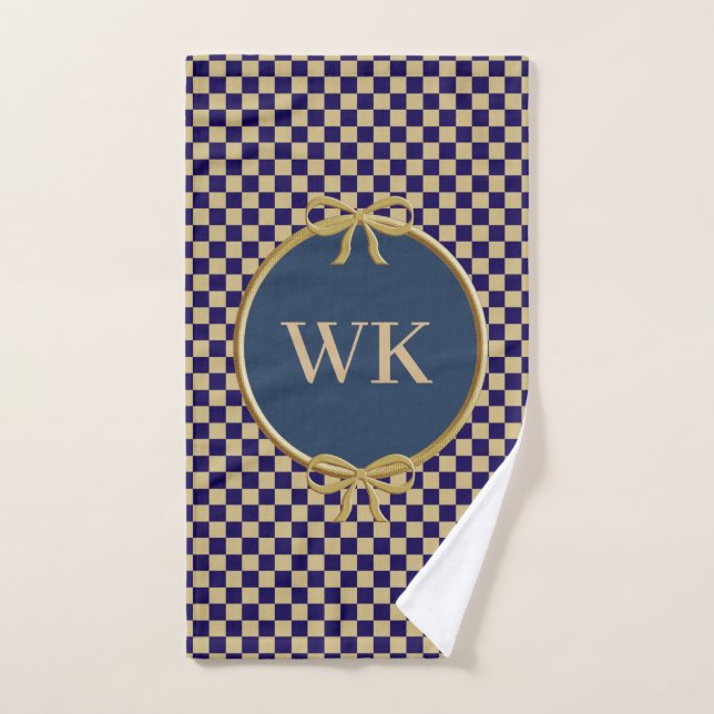Navy Blue & Khaki Brown Checks & Monogram Hand Towel (Hand Towel)