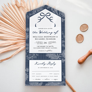 Navy Blue Lace Coquette Bow Wedding All In One Invitation