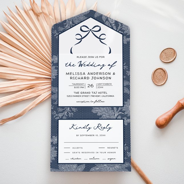 Navy Blue Lace Coquette Bow Wedding All In One Invitation (Creator Uploaded)