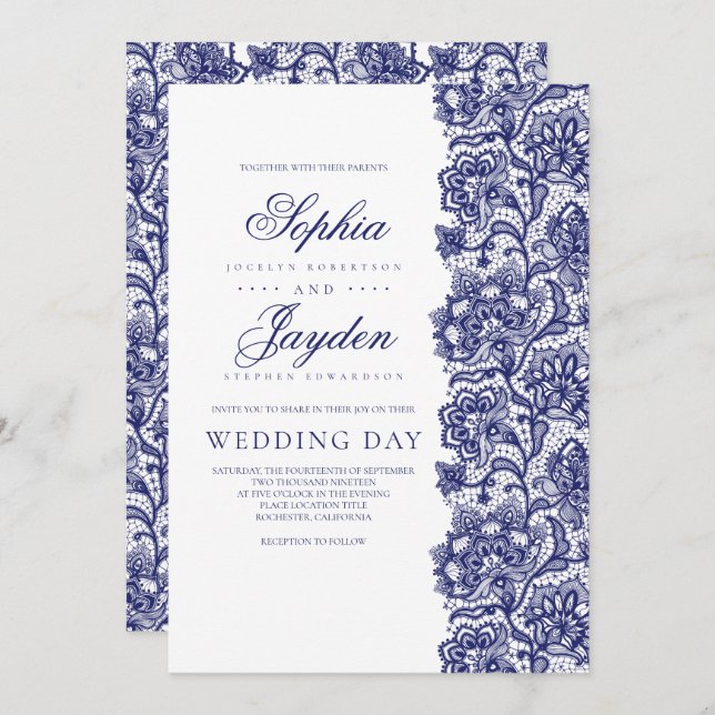 Navy Blue Lace Elegant and Modern Wedding Invitation (Front/Back)