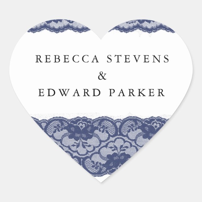Navy Blue Lace Elegant Modern Wedding Heart Sticker (Front)